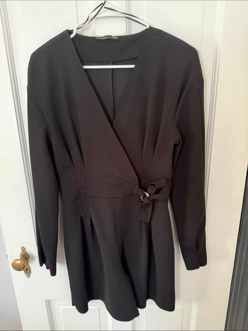Zara Black Long-Sleeve Wrap Romper with Waist Tie